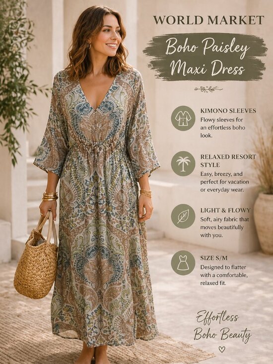 World Market Dresses & Skirts - World Market Boho Maxi Dress Kimono Sleeve Paisley Print V Neck S/M Resort